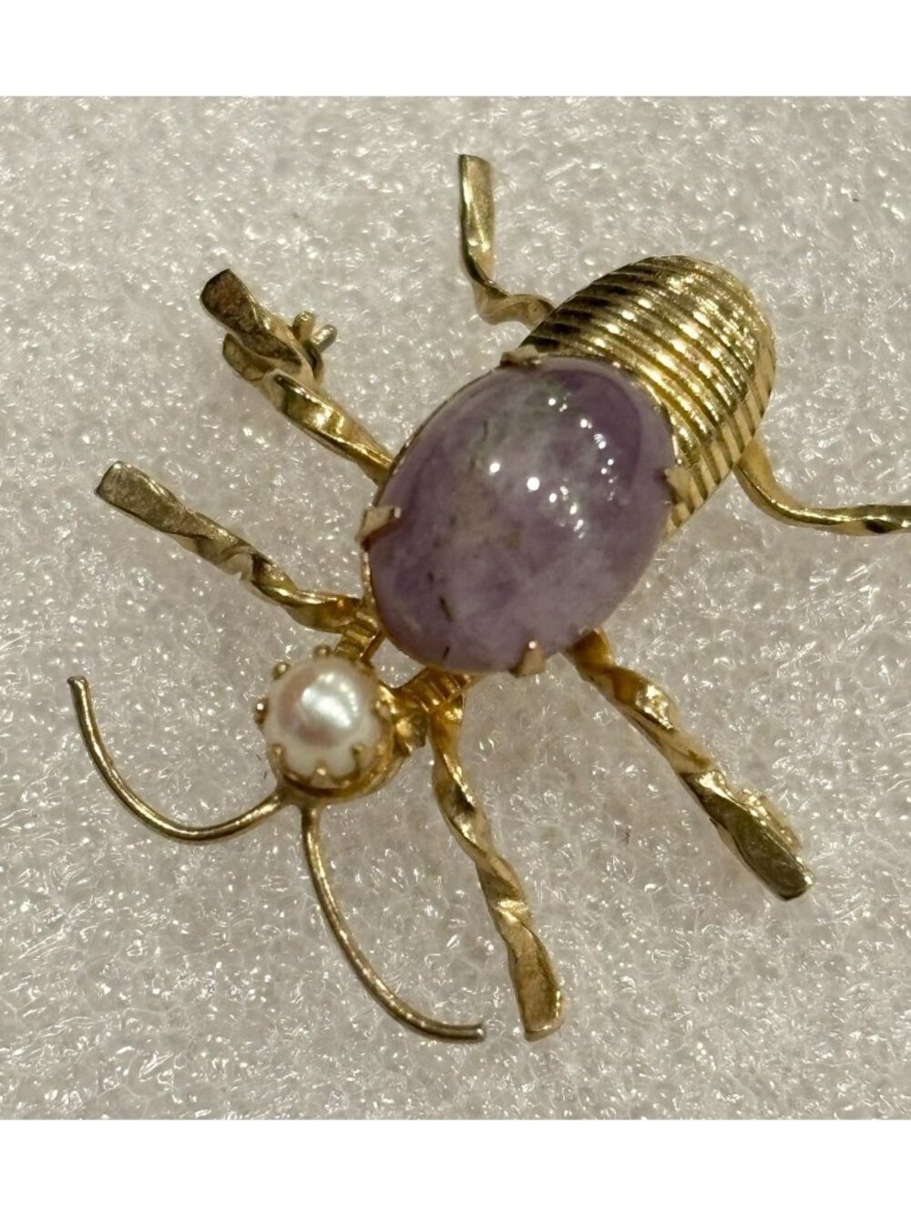 1960s Amethyst Jelly Belly Bug Pearl Accent Brooch-Pin Gold Tone